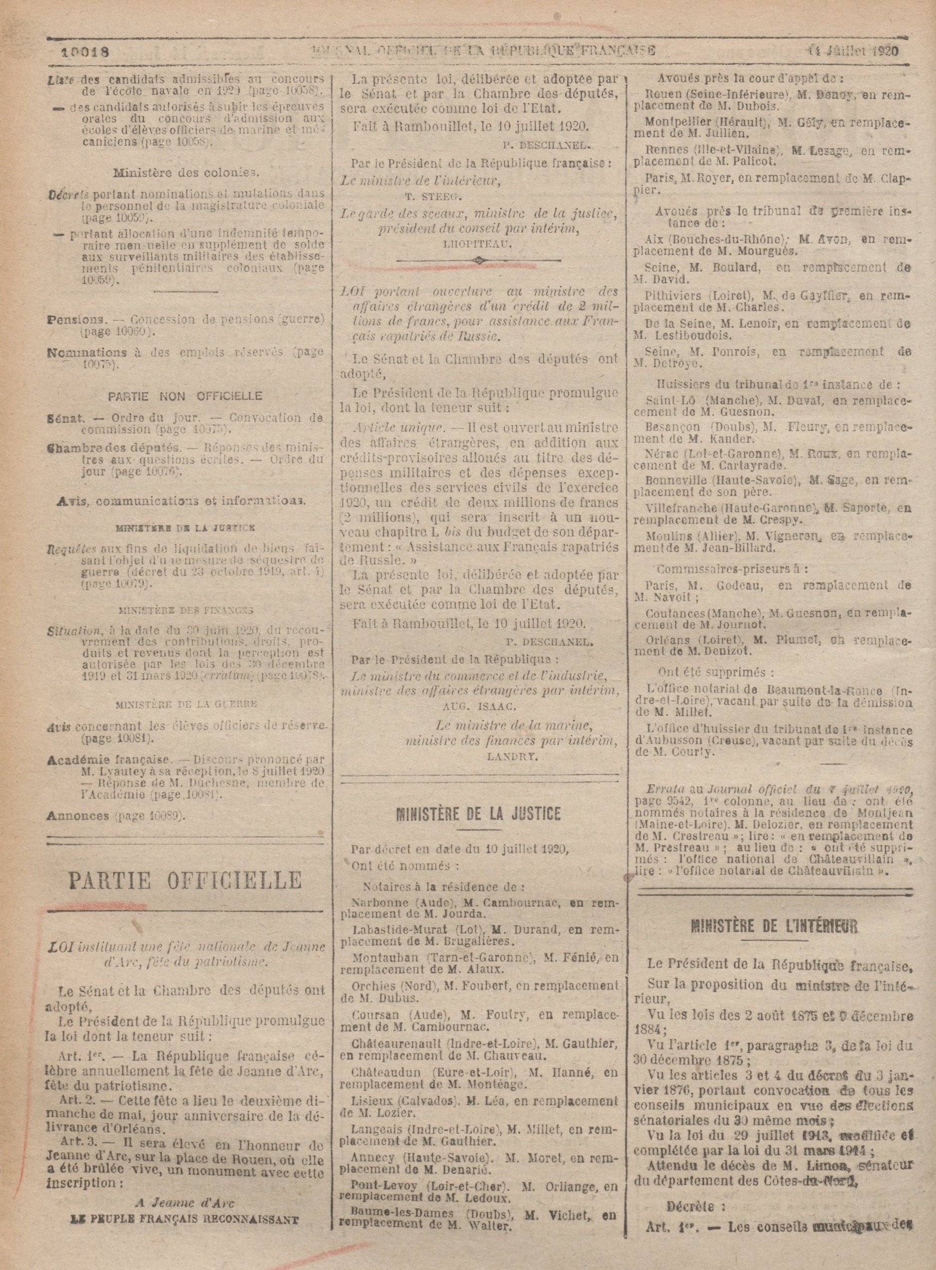 Journal officiel du 14 juillet 1920, page 10018