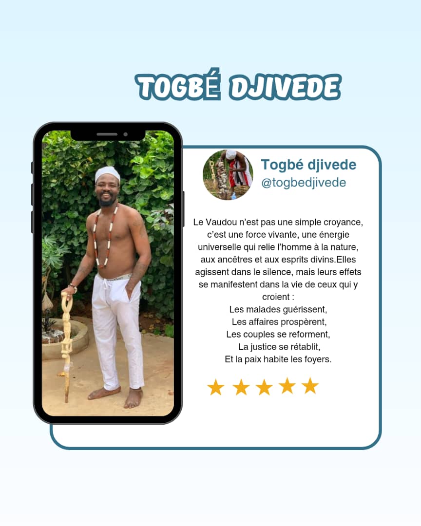 Ce sorcier magicien marabout medium togbé Djivèdé spécialiste des rituel d'amour +229 53 71 71 54 LE PLUS GRAND MAITRE MARABOUT VOYANT VAUDOU AFRICAIN JE SUIS LE PUISSANT MARABOUT AFFOTON BIEN CONNU POUR MON EXCELLENT TRAVAIL EN VOYANCE ESOTERIQUE VOICI SURTOUT MES DOMAINES D'INTERVENTION : PROBLÈ