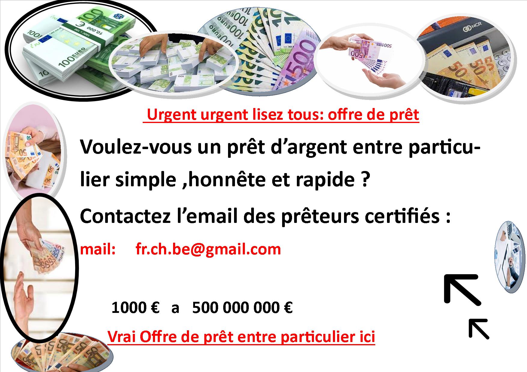 Enfin j’ai reçu mes 400 000€ , avant de recevoir ce prêt j’avais eu à contacter d’autres prêteurs qui m’ont arnaqué, la police m’a vers un vrai preteur a ce mail : fr.ch.be@gmail.com j’ai contacté le mail et j'ai mon prêt très très vite. Veuillez-les contacter pour vos prêts d'argent .Bonjour a