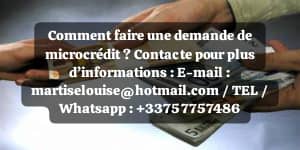 Opportunités financières pour tous service d'octroi de prêt aux particuliers J’octroie des prêts aux particuliers sérieux avec une durée de votre choix, vous recherchez un service de prêt authentique Info : martiselouise@hotmail.com /+33757757486